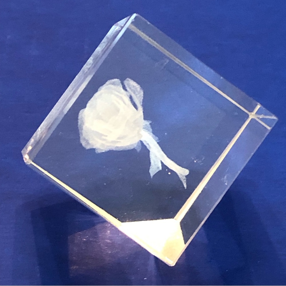 Laser Etched Cube Rose Paperweight Beveled Edge 1.5 inches